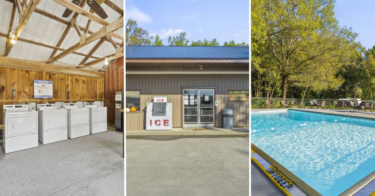 laundry facilities, camp store, and pool