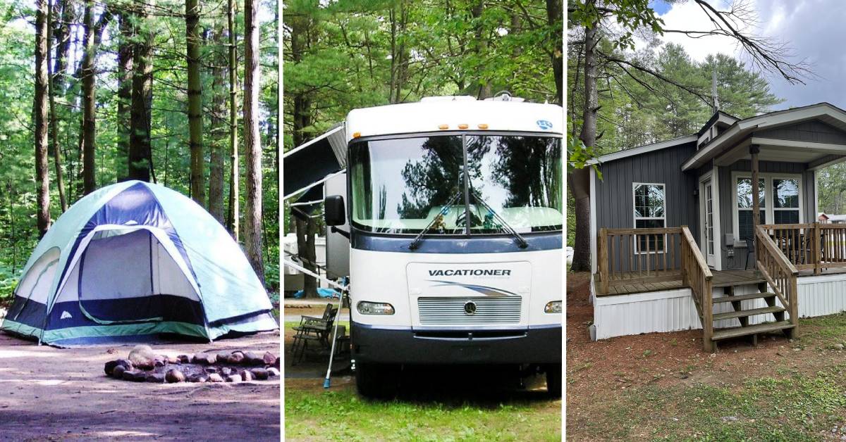 image split in three with tent, rv, and cabin camping