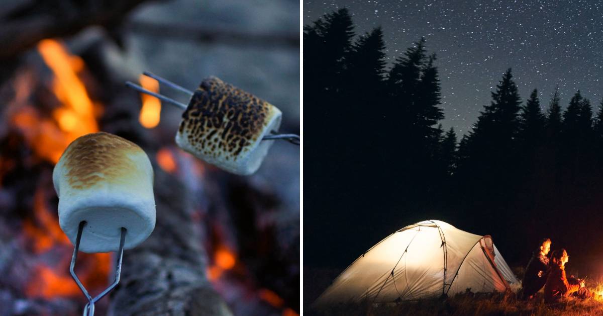 split image with roasting marshmallows on the left and campers looking up at the sky on the right
