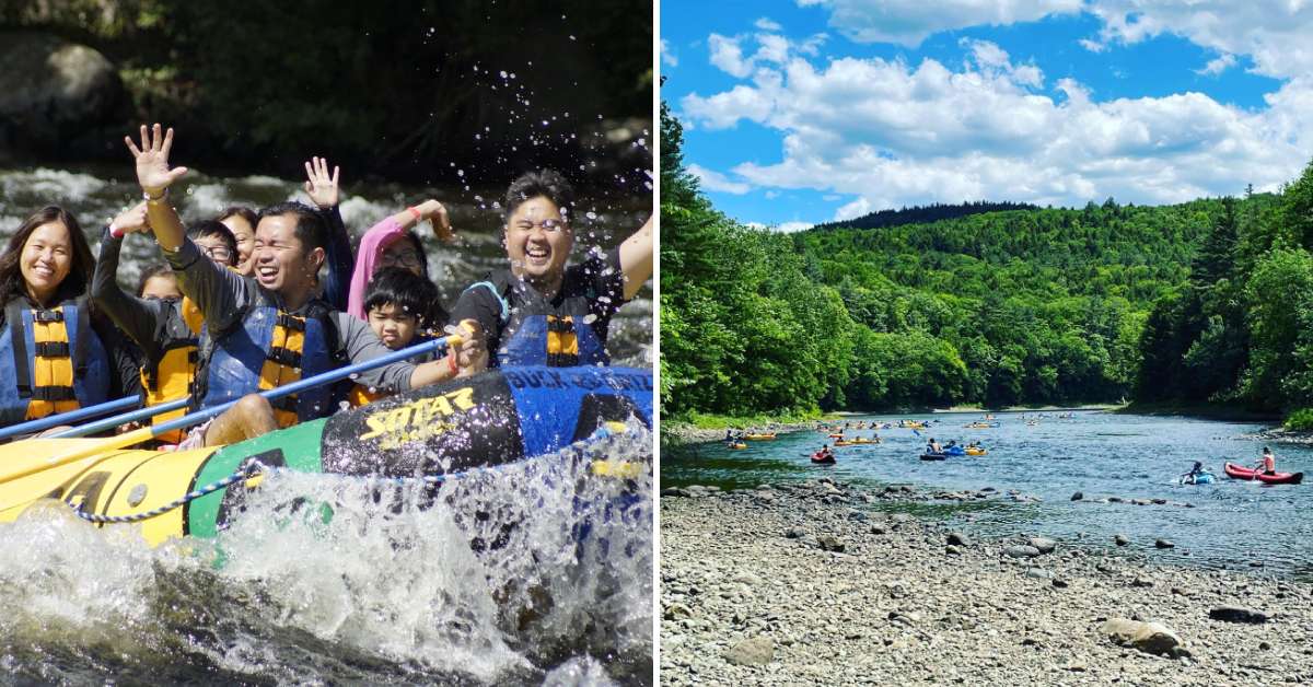 two photos, people whitewater rafting on the left, and a bunch of people lazy river tubing on the right