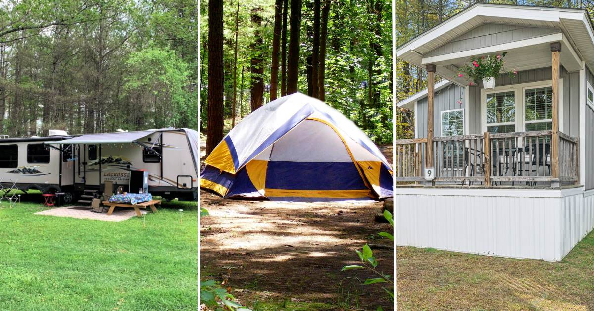 side by side images of an rv, tent, and cabin