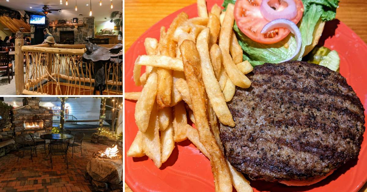 collage of three images with interior of restaurant, outdoor seating near fireplace and fire pit, and a burger with fries