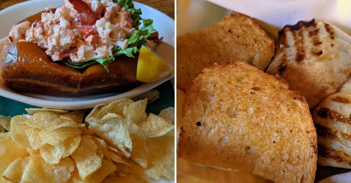 split image with lobster roll and chips on the left and garlic bread on the right