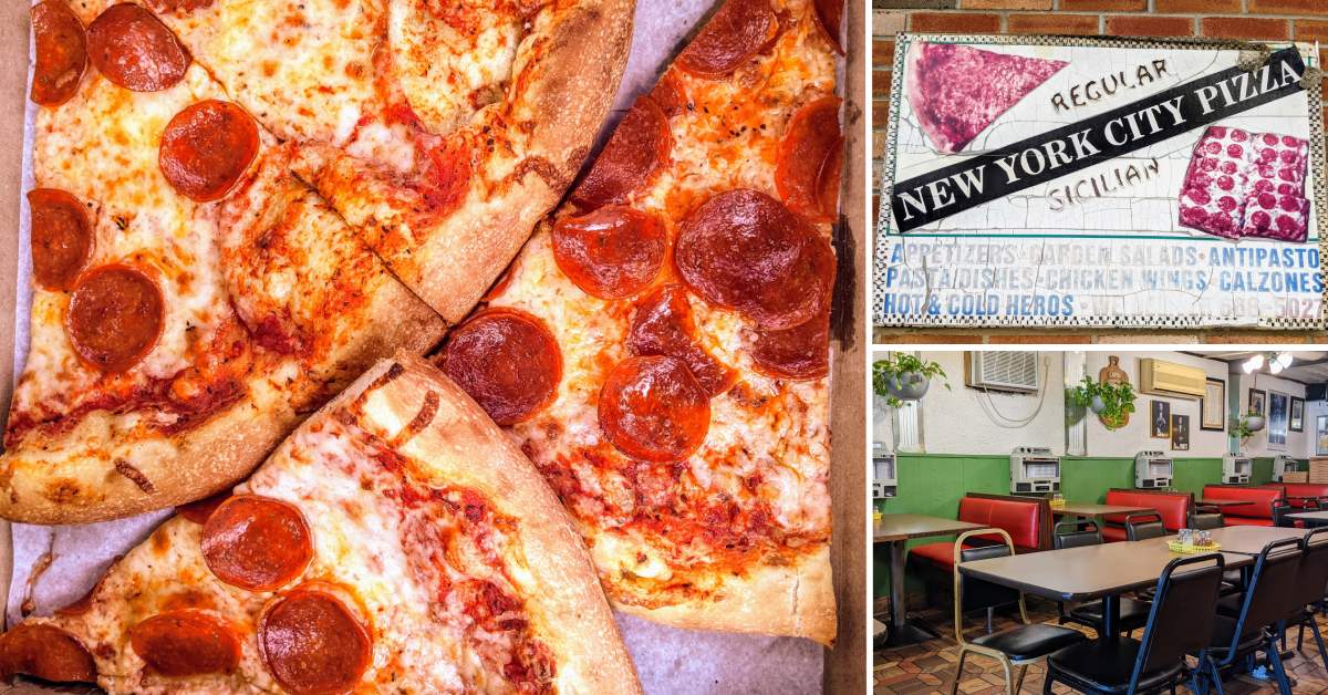 collage of three images with pepperoni pizza slices on the left, pizza sign on brick wall on top right, and interior of pizza restaurant on bottom right