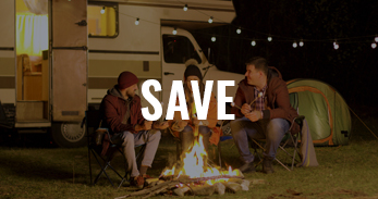 three people around campfire in front of RV with the text "save"