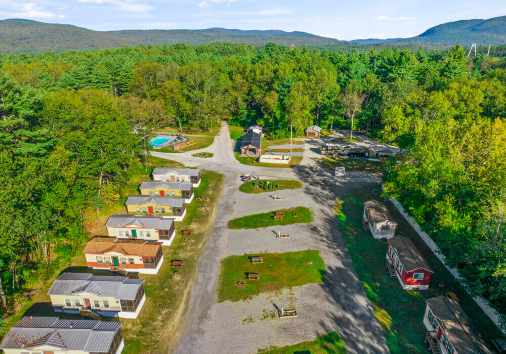 aerial view of campground and cabins