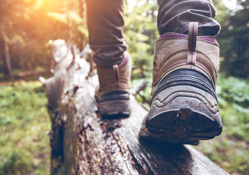 hiking boots on log