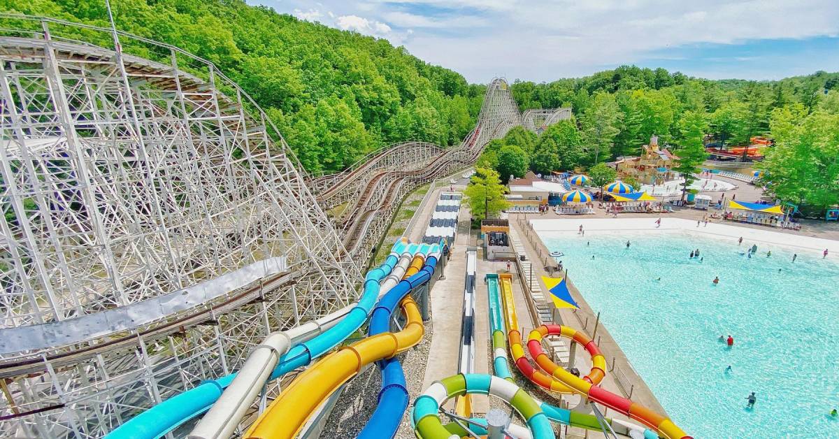 aerial view of roller coaster, waterslides, and a wave pool