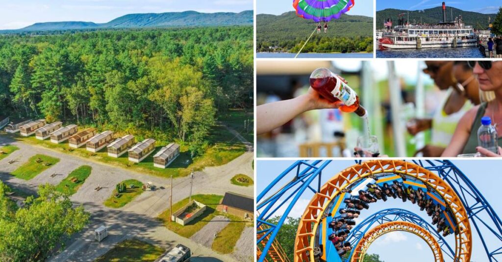 collage with aerial view of campground, parasailing, steamboat, wine tasting, and roller coaster