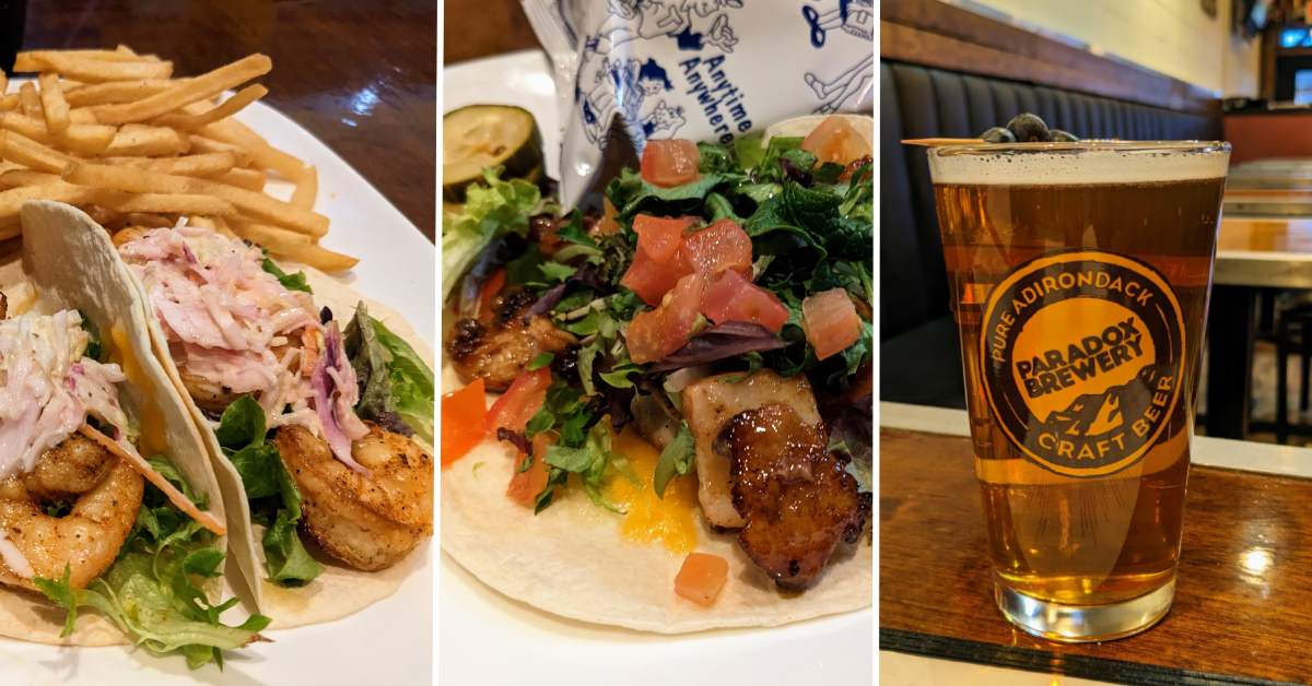 split image with tacos on the left and in the middle, and beer in glass with blueberry garnish on right