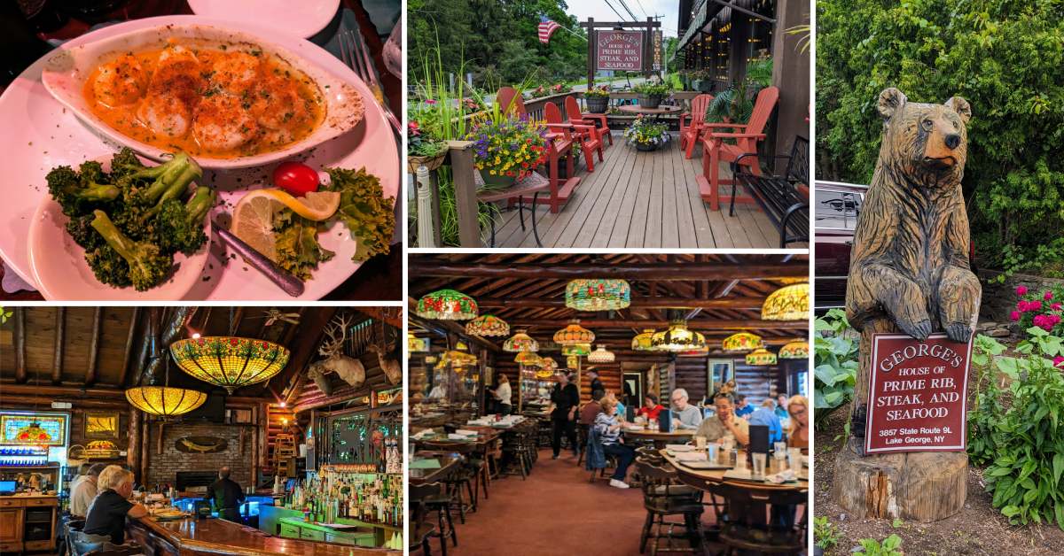 collage of george's restaurant - scallops dish, patio, bear with sign, rustic interior with bar