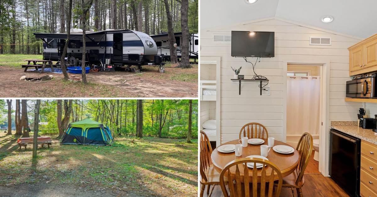collage with rv campsite, tent campsite, and inside of cabin with kitchen area and tv