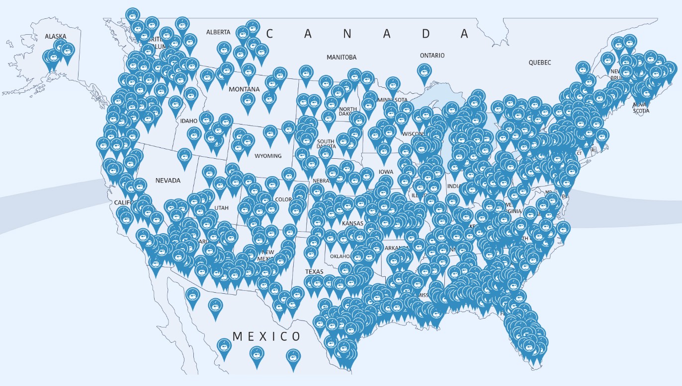 map showing all the Passport America participating campgrounds