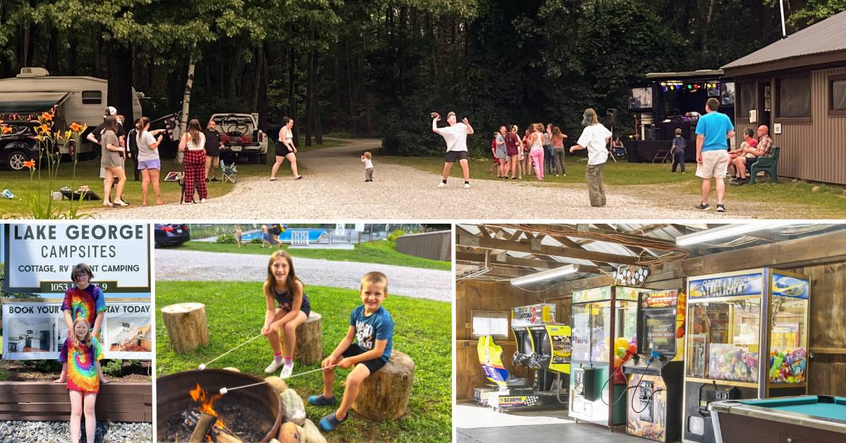 collage with kids playing together at a campground, last pic is part of an arcade