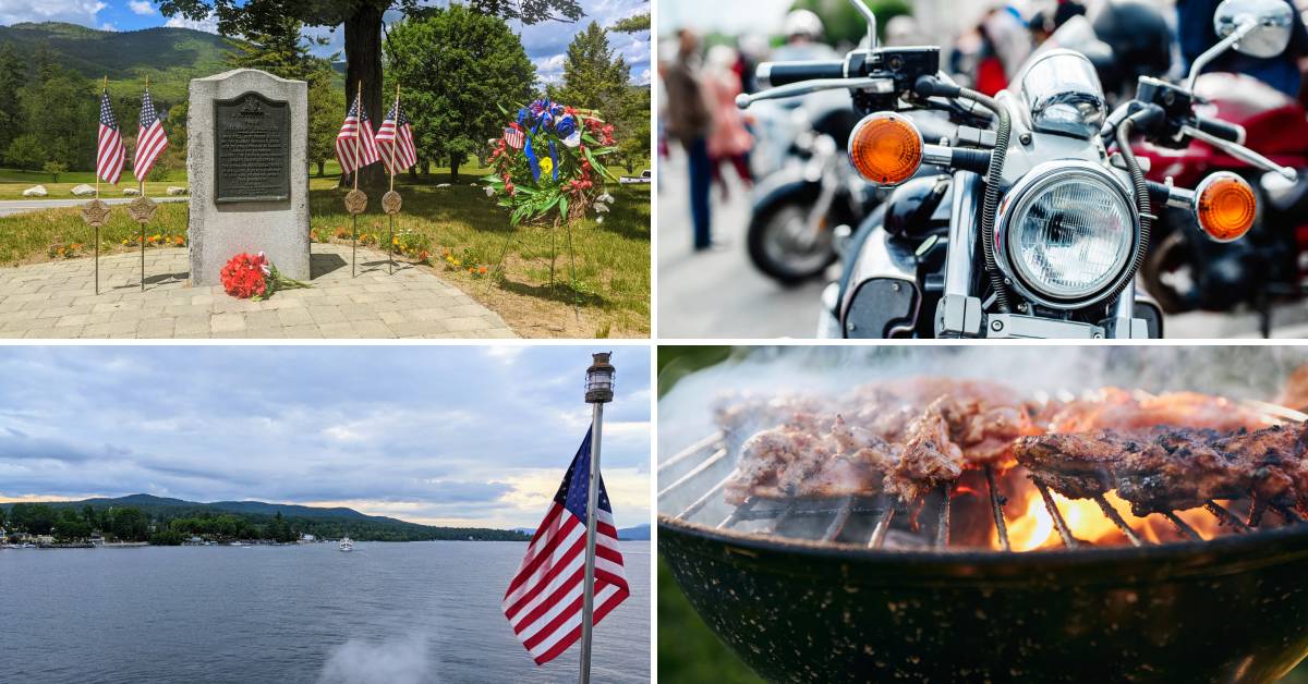 collage with gravestone with flags, flag on boat in front of lake george, closeup of a motorcycle, and chicken cooking on a grill