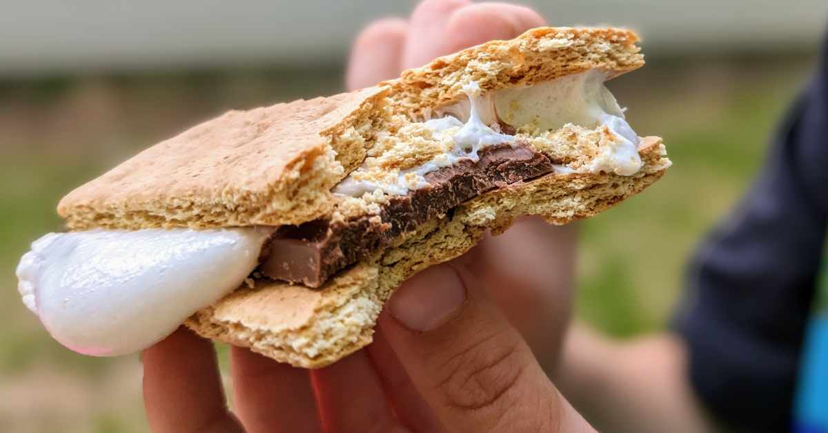closeup of smores with a bite taken out