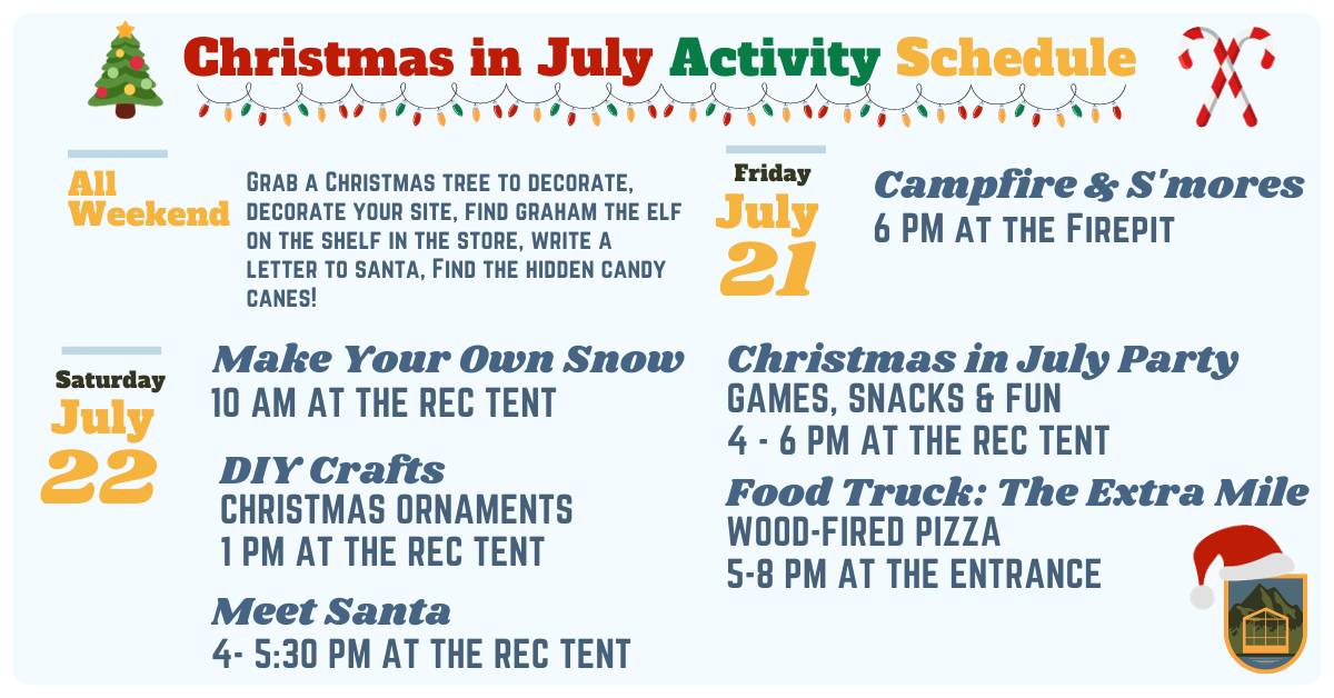 christmas in july activity schedule with make your own snow, diy crafts, meet santa, etc.