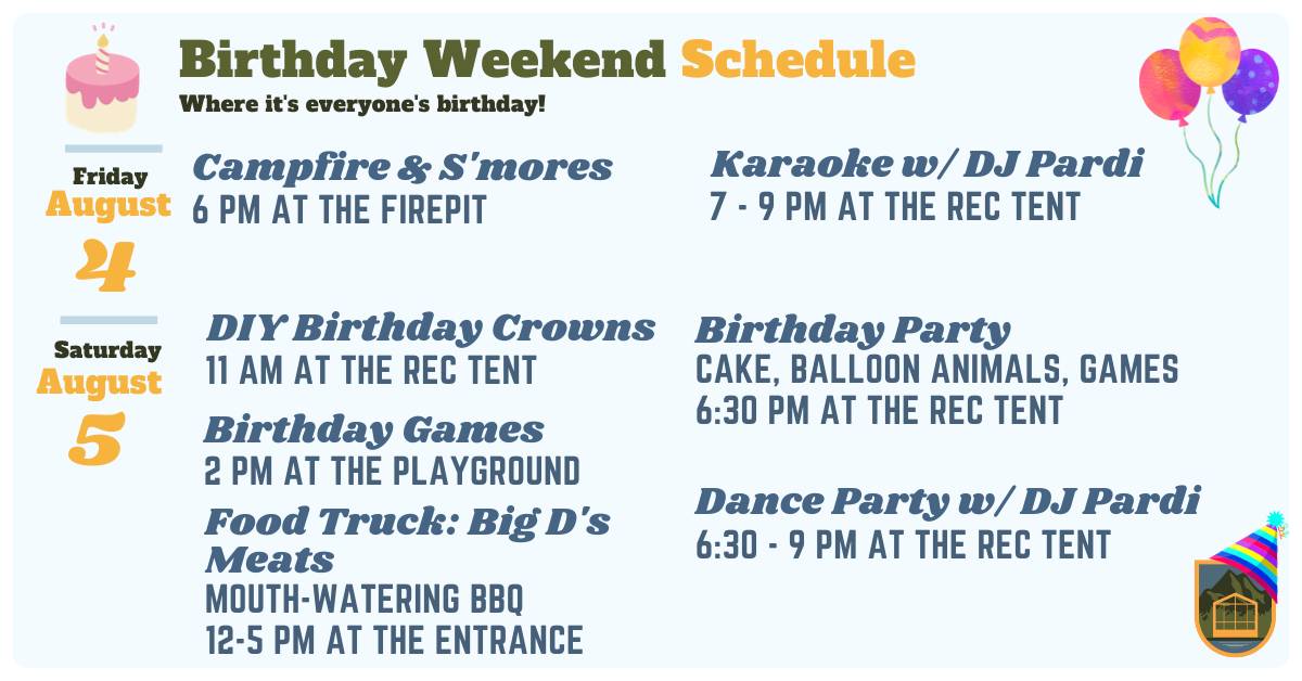 birthday weekend schedule with campfire & s'mores, diy birthday crowns, birthday games, etc.