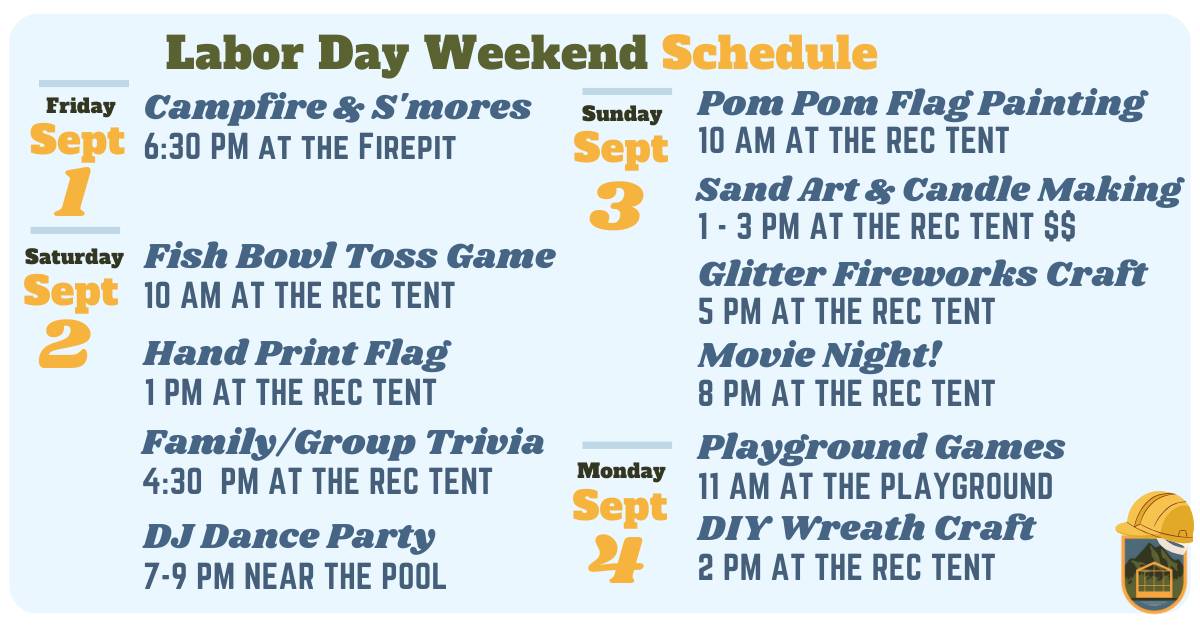 labor day weekend schedule with campfire and s'mores, fish bowl toss game, hand print flag, etc.