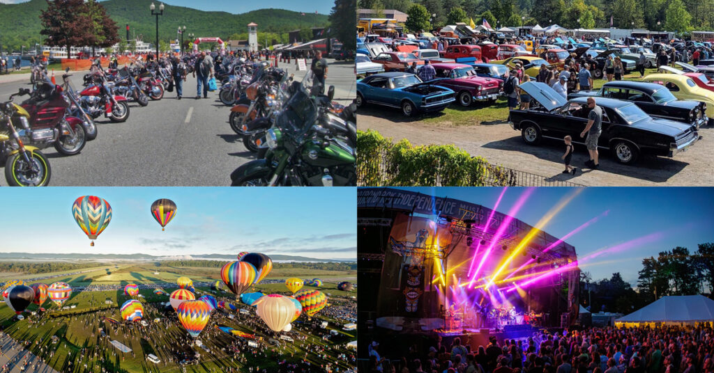 Photo collage. Top left: group of motorcycles lined up along Lake George at Americade, top right: lines of classic cars at the Adirondack Nationals Car Show, Bottom left: colorful hot air balloons in the sky at Adirondack Balloon Festival, bottom right: colorful stage lights as band performs to large crowd at dusk at the Adirondack Independent Music Festival.