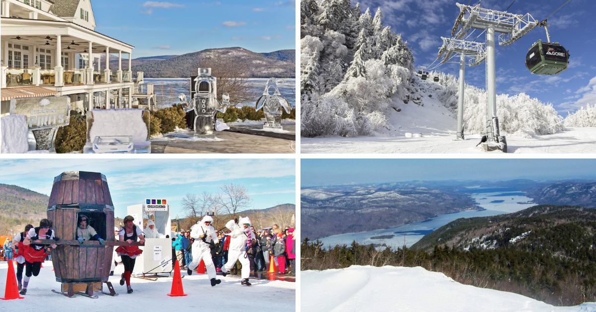 collage of winter events, ice sculptures, ski gondolas