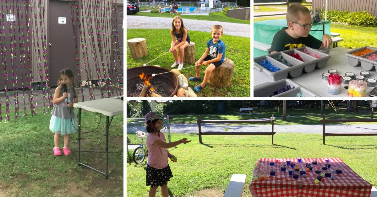 photo collage: young girl singing karaoke, boy and girl roasting marshmallows over a fire pit, young boy making a candle, young girl playing a ball toss game