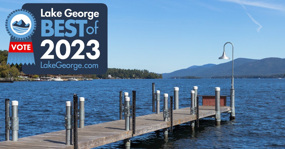 dock in Lake George with "Best of Lake George 2023" ribbon icon