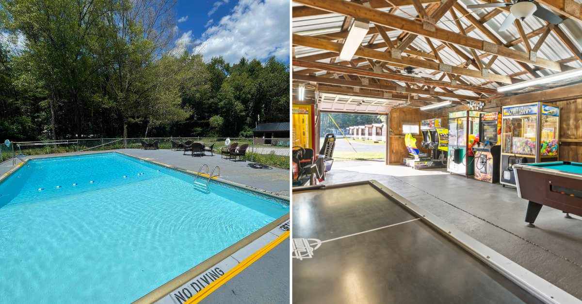 split image. on left is outdoor pool. on right is game room with air hockey and pool
