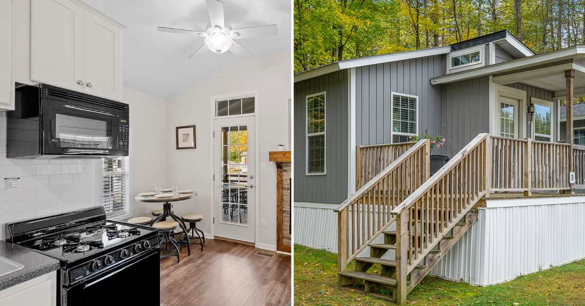 split image. on left is interior of cabin. on right is exterior of cabin.