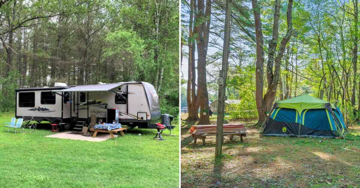 split image. on left is exterior of rv camper. on right is a tent set up at a campsite