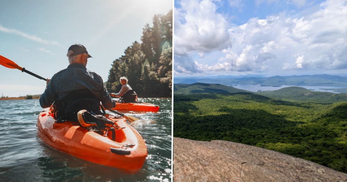 split image. on left is two people in red kayaks on a lake. on right is view of lake george from the top of a mountain